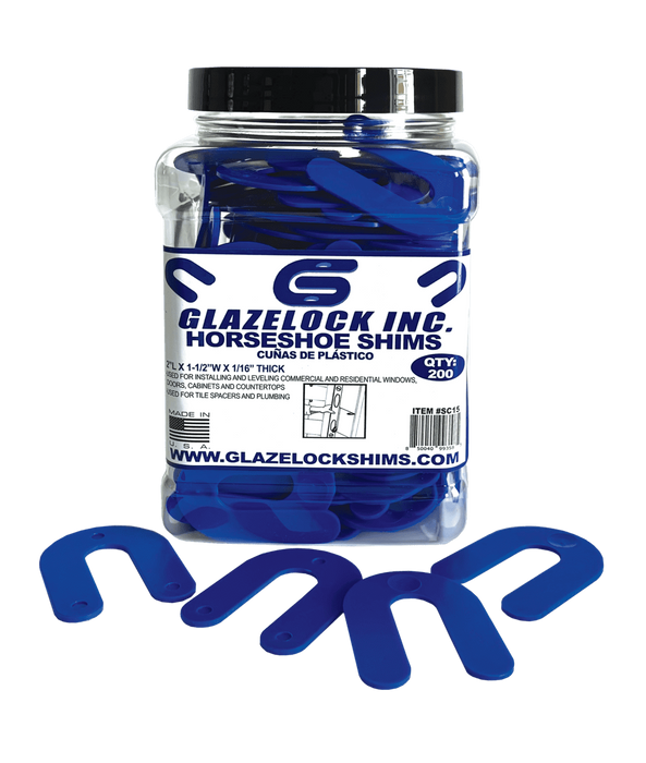 Glazelock plastic horseshoe shims used for window and door installation spacing