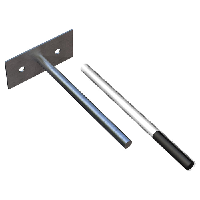 An image showing a Hohmann & Barnard PTA 420 Partition Top Anchor, consisting of a metal plate with two holes, a stainless steel tube, and a galvanized steel rod.