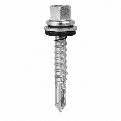 Metal screw with hex head and washer on a white background