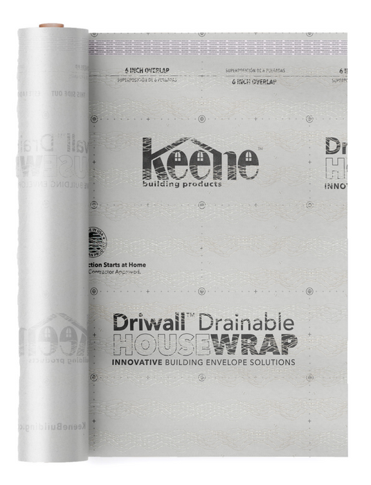 Keene Driwall Drainable Housewrap 60" x 100' used for moisture management and wall protection in construction