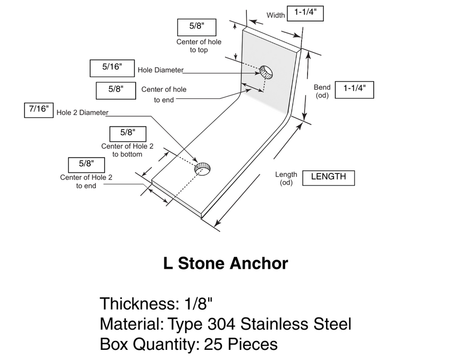 L stone anchor detail used for securing dimensional stone veneer to masonry walls