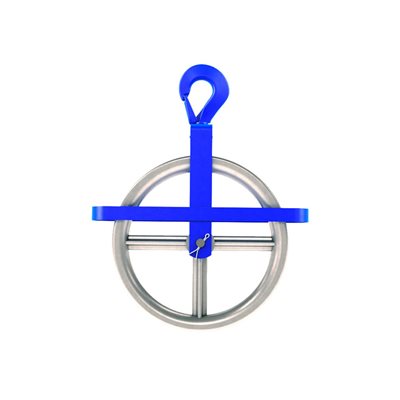 A heavy-duty aluminum gin wheel with a blue strap and a forged swivel hook, designed for material hoisting and handling.