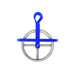 A heavy-duty aluminum gin wheel with a blue strap and a forged swivel hook, designed for material hoisting and handling.