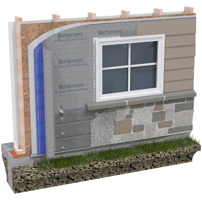 Mortairvent 202 drainage mat used behind brick veneer to maintain an open cavity and improve wall drying