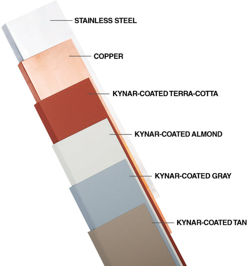 An array of Mortar Net metal drip edges in different colors including stainless steel, copper, and Kynar-coated varieties.