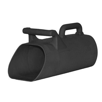 A black plastic mortar/sand bag scoop with ergonomic handles.
