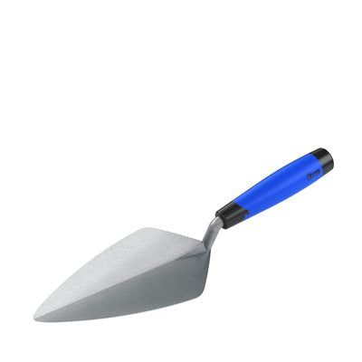 Narrow London forged steel brick trowel with comfort handle designed for precise bricklaying and mortar application