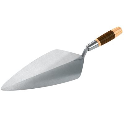 Narrow London forged steel brick trowel with leather handle, ideal for masonry work and precise mortar application with a comfortable grip