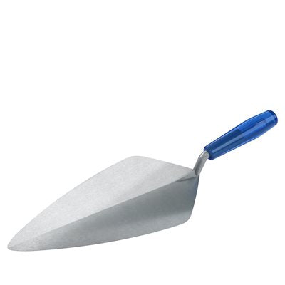 A narrow London forged steel brick trowel with a plastic handle. The trowel has a carbon steel blade with a smooth finish and a blue plastic handle.