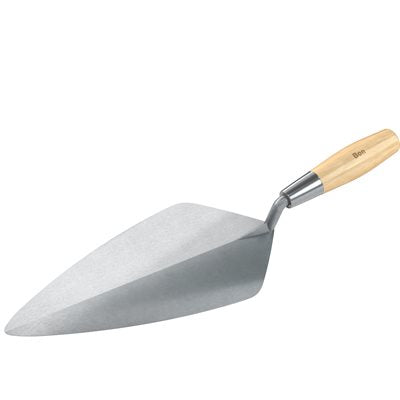A narrow London forged steel brick trowel with a wood handle. The trowel has a polished metal surface and a wooden handle with a brand inscription near the top.