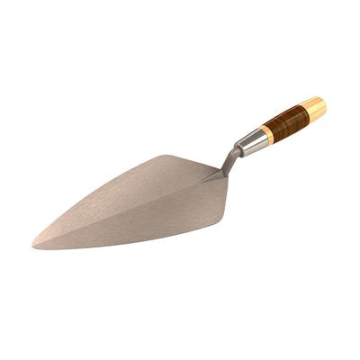 narrow London pro brick trowel with carbon steel blade and leather handle for masonry and bricklaying work