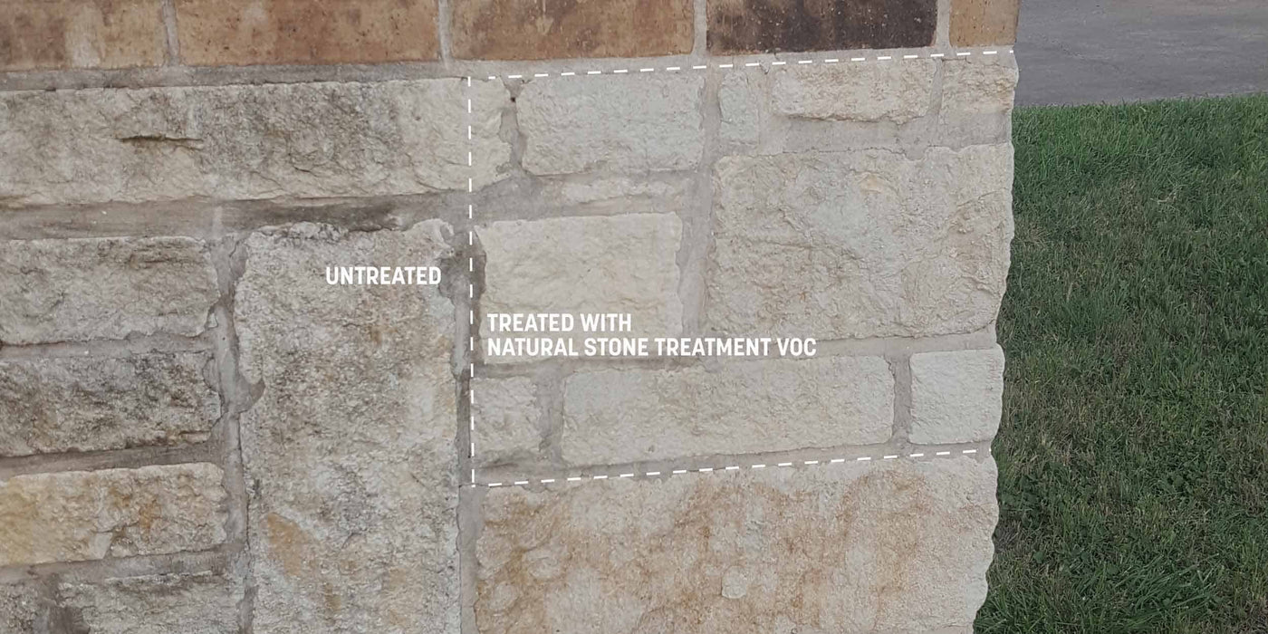 Comparison of untreated and treated stone with text labels on a stone wall.