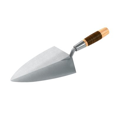 Philadelphia brick trowel with forged steel blade and leather handle for masonry and bricklaying work