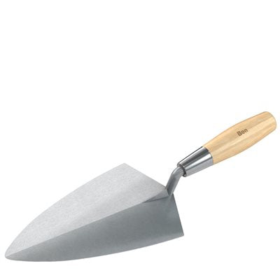 Philadelphia brick trowel with forged steel blade and wood handle for masonry and bricklaying work