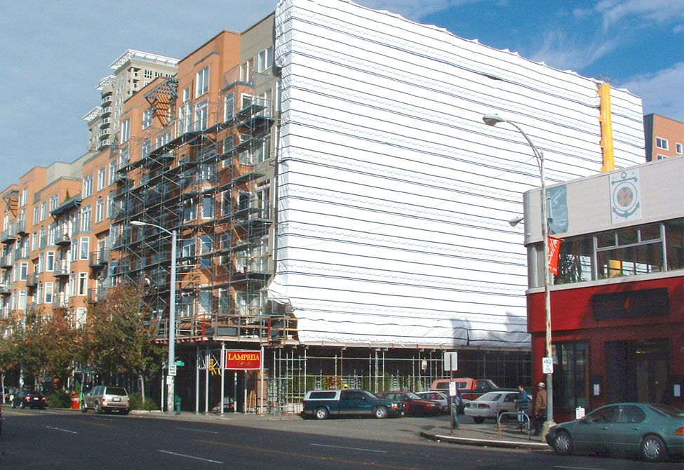 Scaf-Lite 12 mil construction scaffold sheeting used to protect job sites from wind and rain