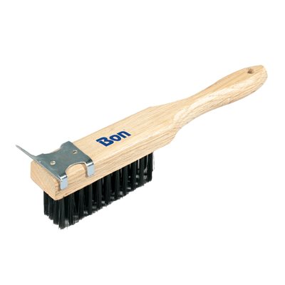 Straight handle wire brush with scraper for cleaning mortar, rust, and debris from masonry surfaces, brick, and concrete