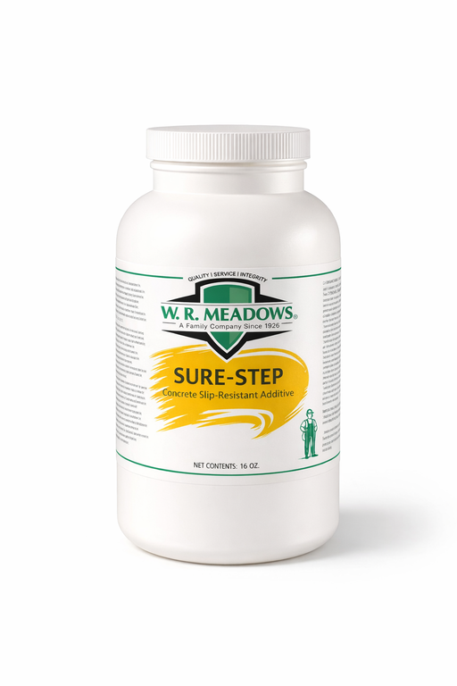 W.R. Meadows SURE-STEP concrete slip-resistant additive, 16 oz jar, white bottle with green and yellow label on white background.