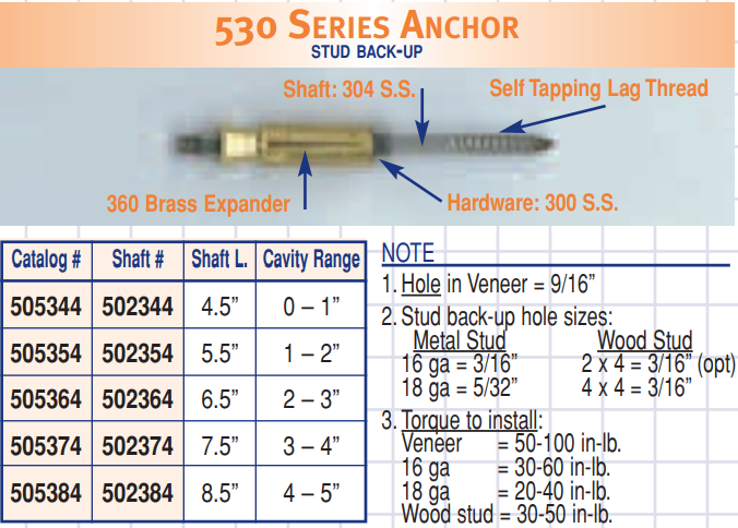 Technical diagram and specifications of a 530 Series Anchor with labels and measurements.