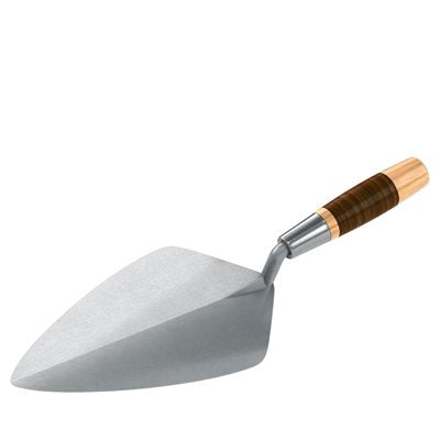 wide London brick trowel with forged steel blade and leather handle for masonry and bricklaying work