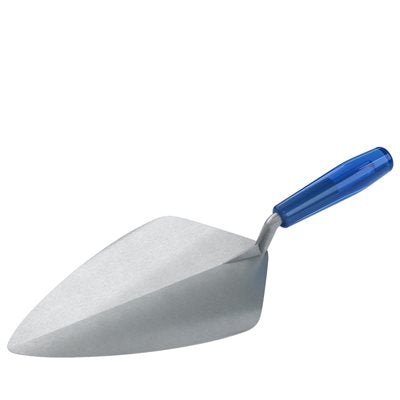 wide London brick trowel with forged steel blade and plastic handle for masonry and bricklaying work