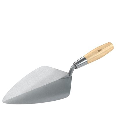wide London brick trowel with forged steel blade and wood handle for masonry and bricklaying work