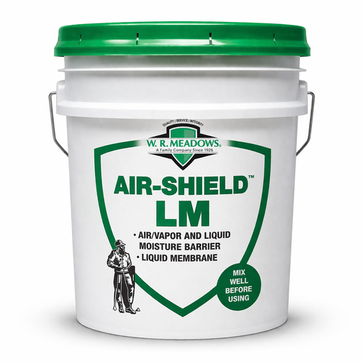 W.R. Meadows AIR-SHIELD LM air and vapor liquid moisture barrier 5-gallon bucket with white pail and green lid on clean white background