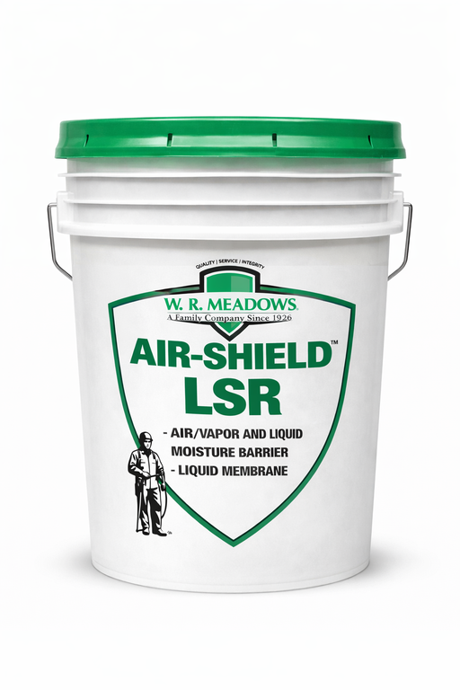 W.R. Meadows AIR-SHIELD LSR air and vapor liquid moisture barrier 5-gallon bucket with white pail and green lid on clean white background