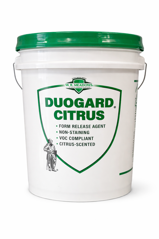 W.R. Meadows DUOGARD Citrus form release agent 5 gallon bucket with green lid on white background