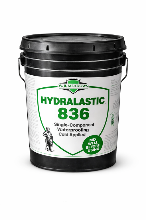 W.R. Meadows Hydralastic 836 single-component waterproofing 5-gallon bucket with black pail and green and white label on clean white background