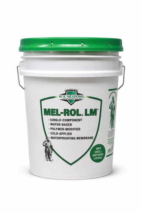 W.R. Meadows MEL-ROL LM single-component water-based waterproofing membrane 5-gallon bucket with white pail and green lid on clean white background
