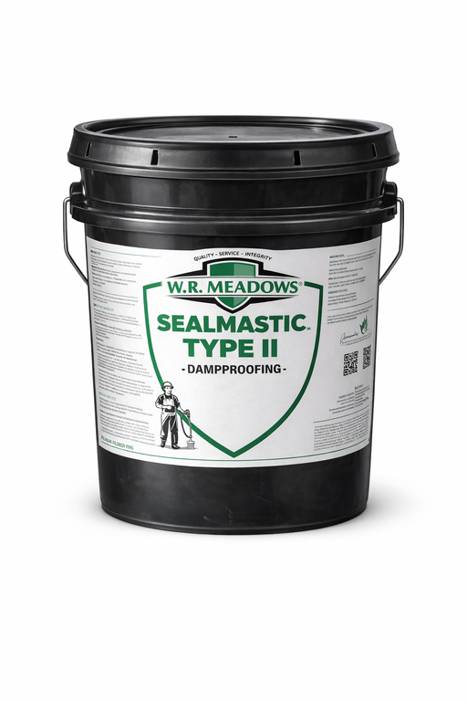 W.R. Meadows Sealmastic Type II damp proofing 5-gallon bucket with black pail and green and white label on clean white background