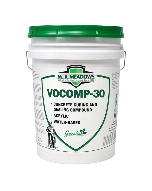 W.R. Meadows VOCOMP-30 concrete curing and sealing compound 5-gallon bucket with white pail and green lid on clean white background