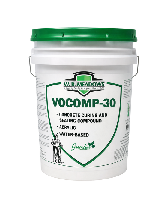W.R. Meadows VOCOMP-30 concrete curing and sealing compound 5-gallon bucket with white pail and green lid on clean white background