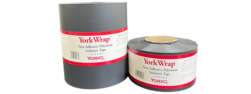 Three rolls of York-Wrap non-adhesive polymeric isolation tape, with labels indicating the product brand and use for decking applications.