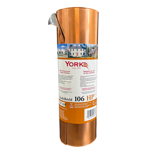 A roll of YorkShield 106 HP high-performance copper flashing with product information visible on the label.