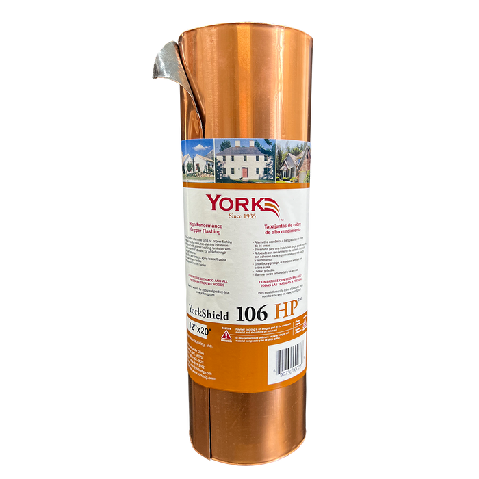 A roll of YorkShield 106 HP high-performance copper flashing with product information visible on the label.