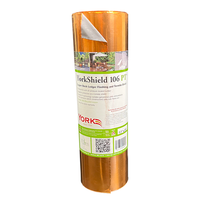 A roll of YorkShield 106 PT Copper Flashing, packaging displays the product and its features.