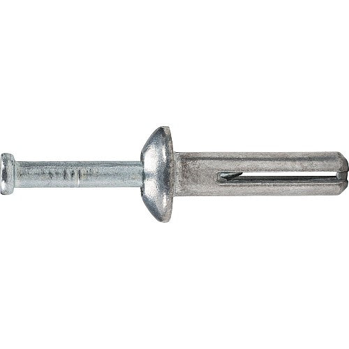 Zamac Nailin mushroom head nail anchor with carbon steel nail for light duty anchoring in concrete, brick, block, and stone