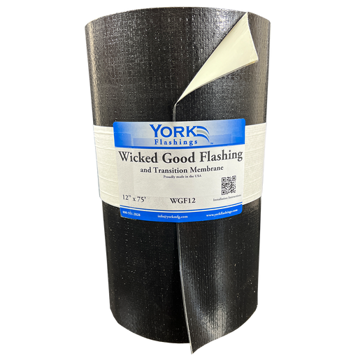 A roll of York Wicked Good Flashing, which is a building material used in construction for waterproofing and as a barrier against air and vapor transmission.